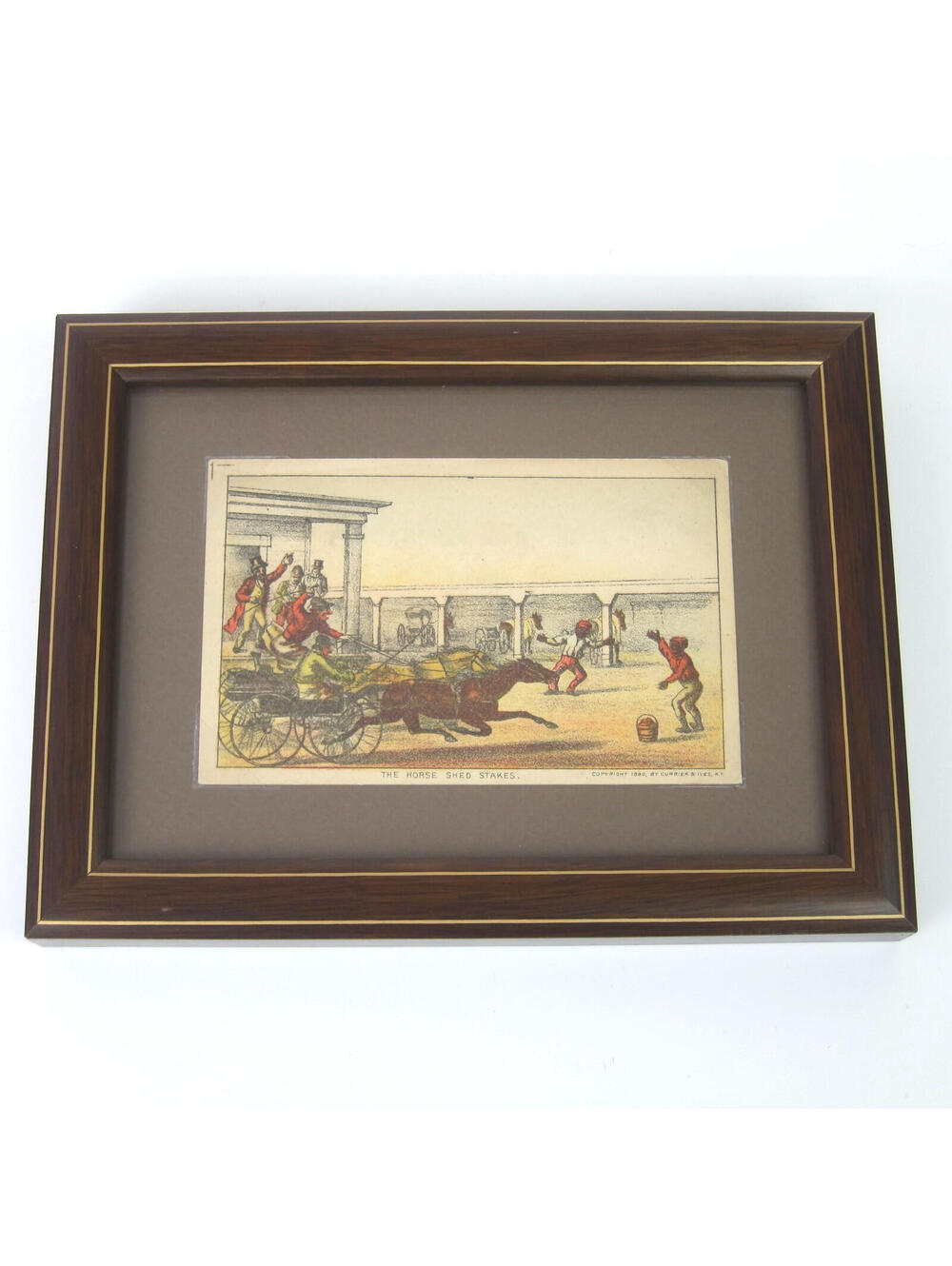 Currier & Ives The Horse Shed Stakes Litho Print Trade Card Framed Antique 1880